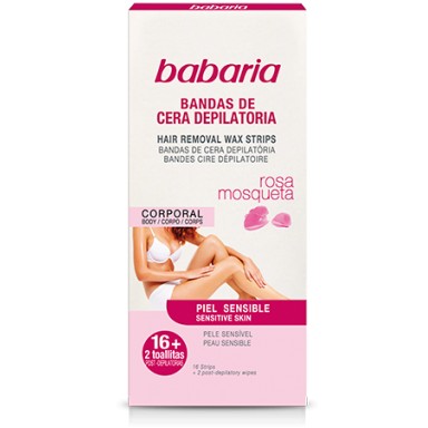 Babaria bandas depilatorias cuerpo 16 + 2 uds piel sensible rosa mosqueta