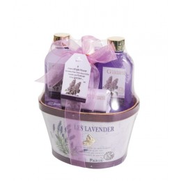 Set Baño Lavanda Caja de Madera + Gel 120 ml + Champú 120 ml + Esponja + Jabón 80 g