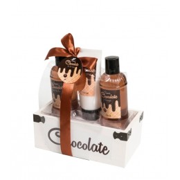 Cesta Madera Set Baño Chocolate Gel 170 ml + Champú 170 ml + Esponja + Loción