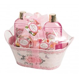 Cesta de Hojalata Set Baño Rosa Mosqueta + Gel 210 ml + Champú 210 ml + Loción Spray 120 ml + Loción 130 ml + Jabón 100 g