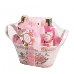 Caja Hojalata Set Baño Rosa Mosqueta + Jabón 100 g Gel 120 ml + Loción 50 ml + Esponja